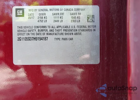 2017 Chevrolet Impala Lt z USA, uszkodzony, nr VIN 2G1105S37H9194187